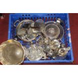 A box of silver plated wares, to include entree dish, coffee pot, sugar sifter, table cruets etc