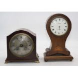 An Edwardian mahogany and ebony strung mantle clock having a convex silvered dial with Roman