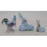 A collection of Herend porcelain animals, to include a cockerel and rabbits, the largest h.13.5cm (