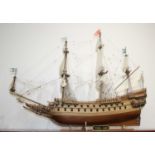 A handbuilt model of a 17th century galleon, the base with titled plaque for Vassa 1628, height