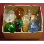 A box of miscellaneous glassware, to include oversize goblets, hand bells etc