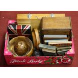 A box of miscellaneous items, to include apprentice piece type chest of five drawers, turned