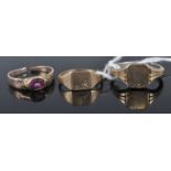A child's 9ct signet ring; together with a yellow metal amethyst set ring; and a silver and 9ct gold