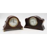 An Edwardian mahogany and chequer strung mantel clock, having a silvered dial with Arabic numerals