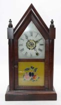 A late 19th century American mahogany cased steeple clock, the painted dial with Roman numerals