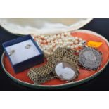 Assorted costume jewellery, to include a pair of paste set ear studs, faux pearl necklace,