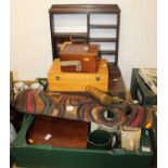 A collection of items to include wooden boxes, tribal mask, advertising jugs, etc