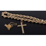 A 9ct gold ropetwist bracelet, cross pendant, and finelink neck chain, gross weight 7.2g (3)