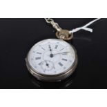 A continental white metal cased open faced pocket watch, having unsigned keyless movement and with