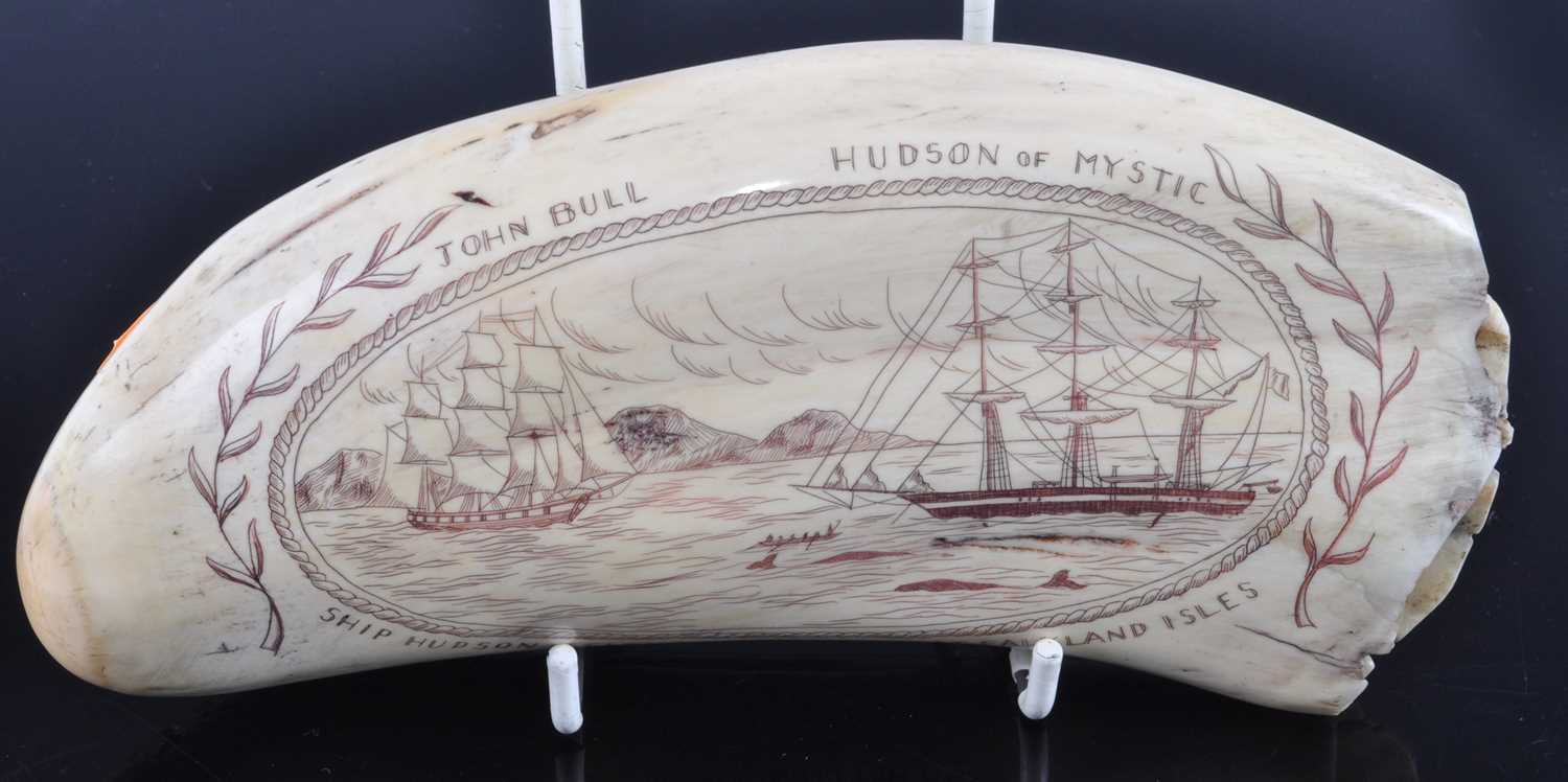 A 19th century Sperm Whale tooth, scrimshaw decorated with two ships at sea within a rope-twist - Image 3 of 5