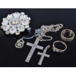 Assorted costume jewellery, to include silver cross pendants, paste set flower head brooch etc