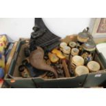 A box of various items to include German biersteins, and treen