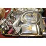 A box of silver plated wares, to include a table candelabra