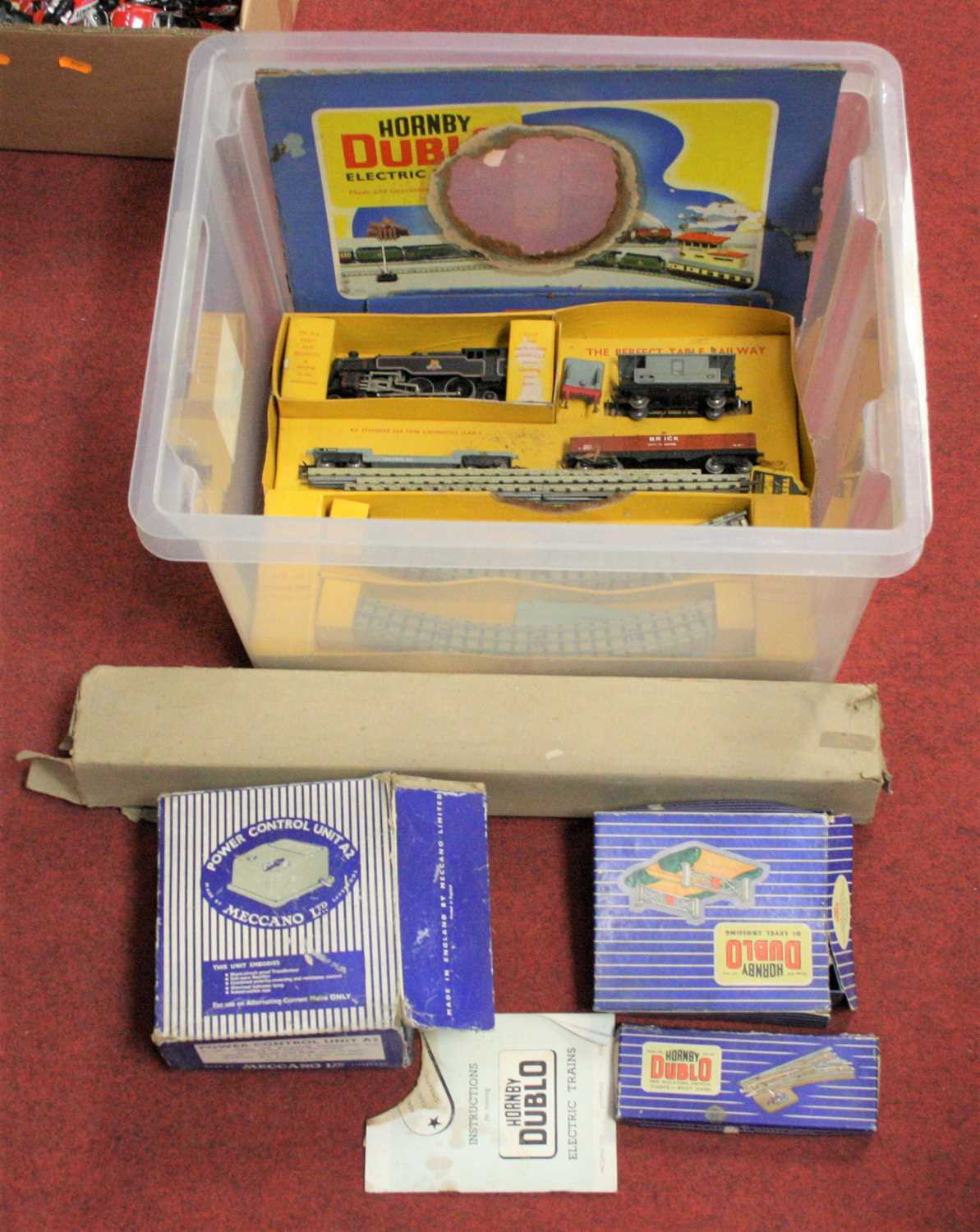 A collection of models, to include Hornby Dublo isolating switch, D1 level crossing, power control