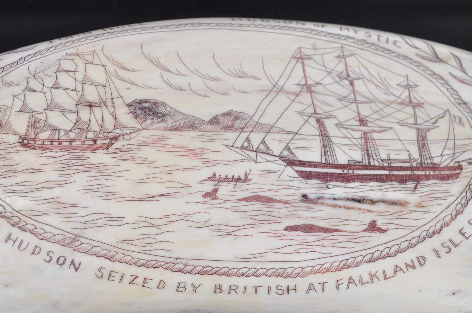 A 19th century Sperm Whale tooth, scrimshaw decorated with two ships at sea within a rope-twist - Image 2 of 5