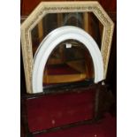 A floral decorated octagonal wall mirror; together with a white painted bevelled oval wall mirror;