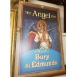 A reproduction advertising sign for the Angel Inn, Bury St Edmunds, lithograph print on paper laid