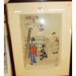 Late 19th century Japanese school woodblock print featuring children in a garden, signed and with