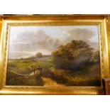 19th century English school - Landscape scene with lone figure by a stream, oil on canvas (re-