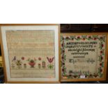 A needlework, verse and alphabet sampler, signed E M Dover aged 13, 30 x 30cm; and one other, both