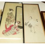 Early 20th century Japanese school, canvas print with studio stamp, 100 x 42cm; and one other (2)