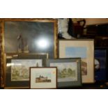Assorted pictures and prints, to include Mandy Newman - Village Church watercolour; one other by the