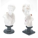 A matched pair of alabaster busts each in the form of a classical female, on socle base, height