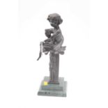 A bronzed figure of putti in seated pose upon a fluted column and stepped square marble base, height