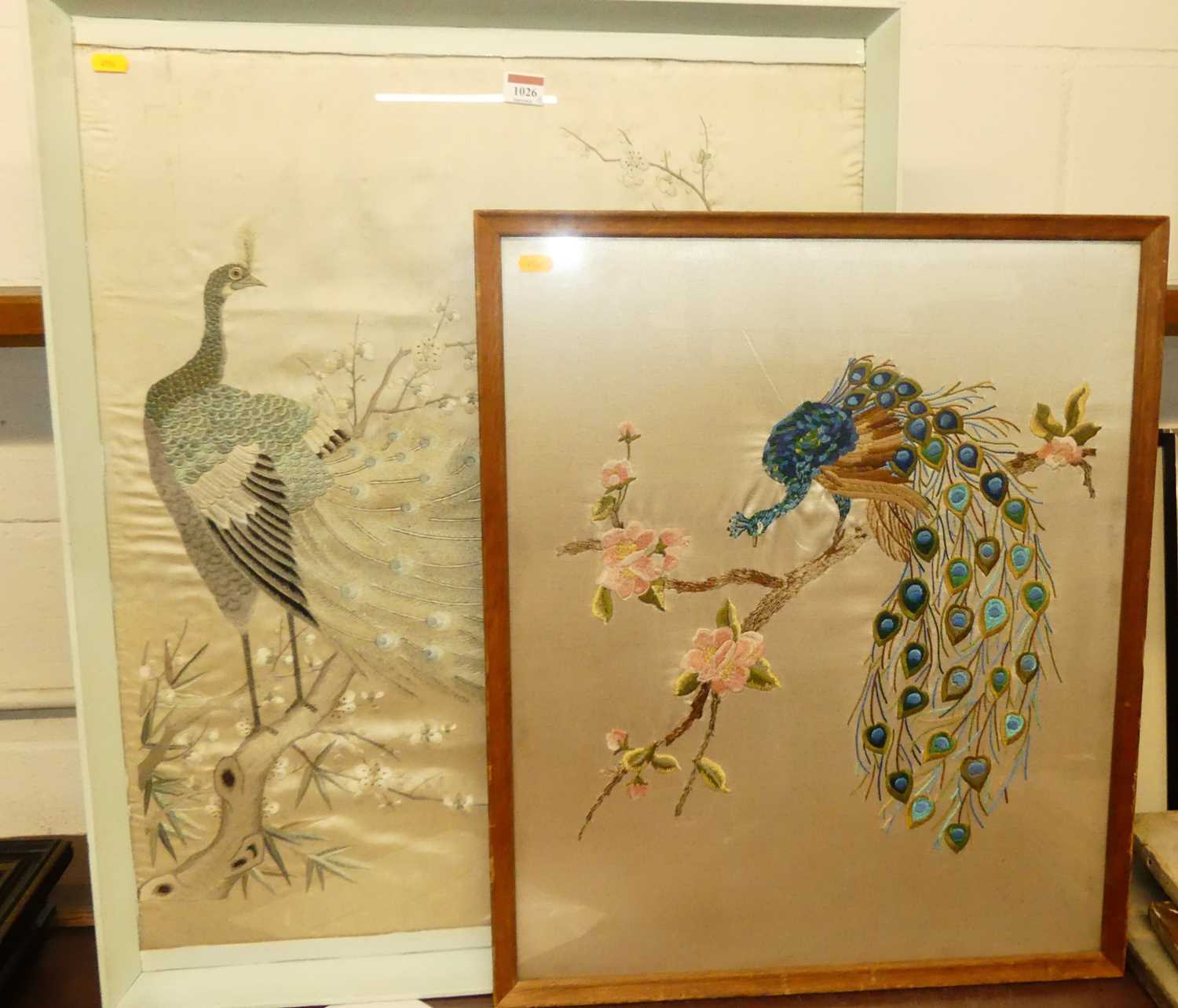 Mid 20th century Japanese silkwork being peacock study, 70x59cm, framed, together with one other