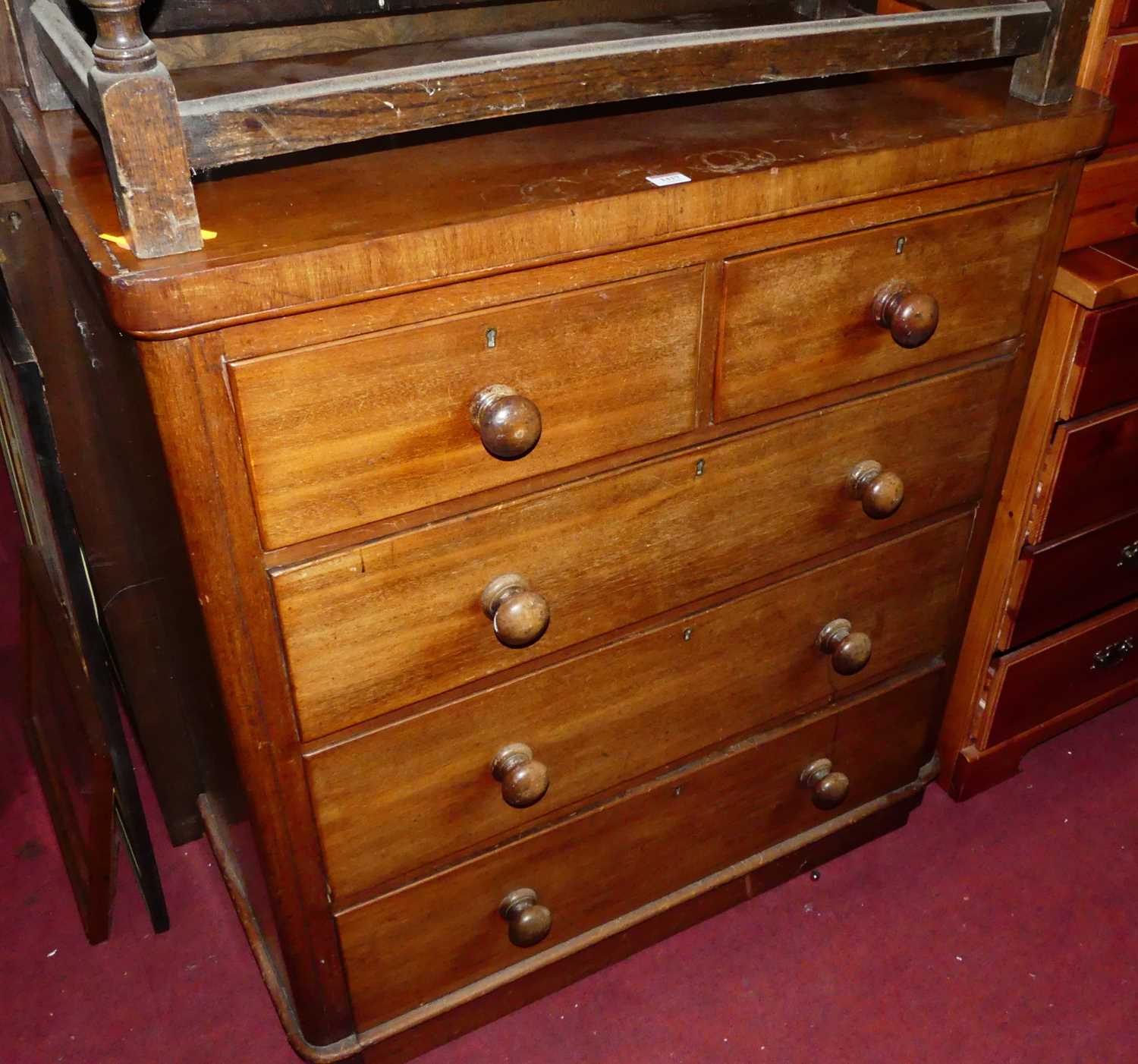 A Victorian mahogany round cornered chest of two short over three long drawers, width 96.5cm