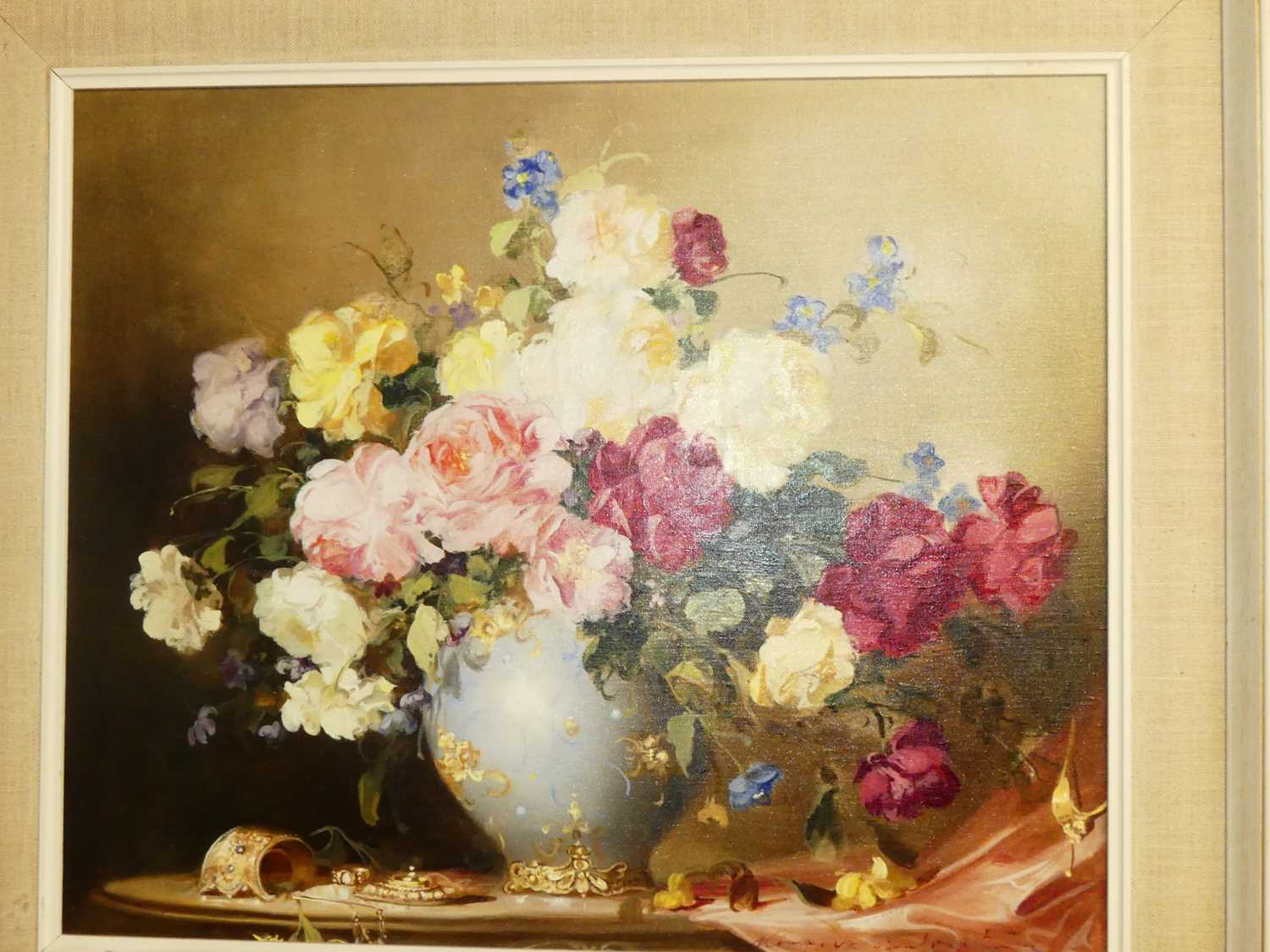 20th century continental school - Still life with cabbage roses in a vase, oil on canvas, - Image 2 of 7