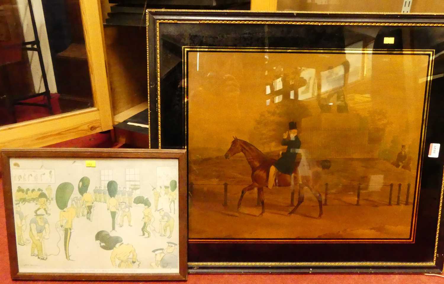 19th century print depicting racehorse with trainer up, 42x52cm in Hogarth frame together with an HM