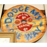 A reproduction painted wooden fairground sign, dia.82cm