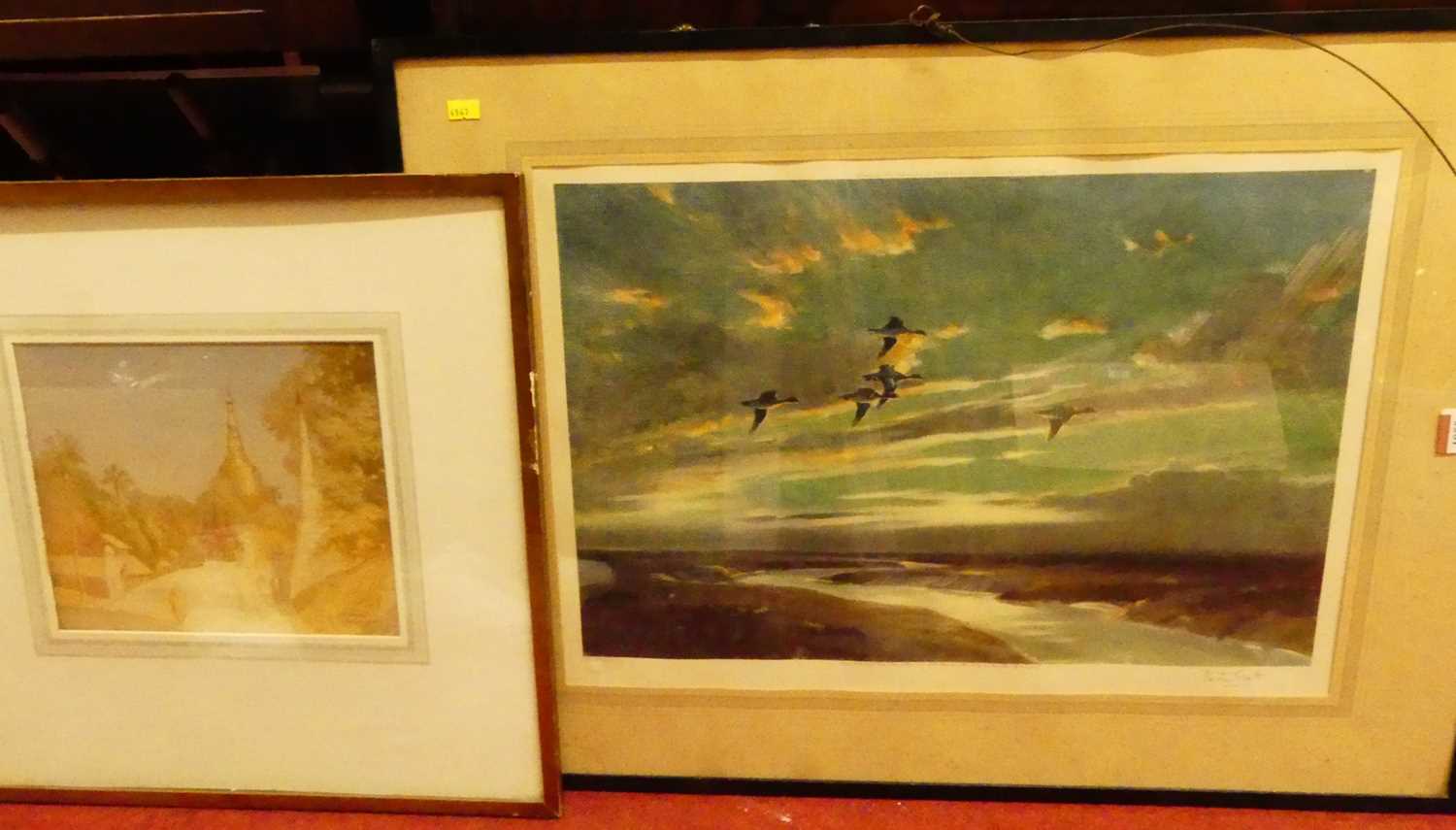 HK Johnston - Rangoon 1920, watercolour 23x27cm, and Peter Scott - Ducks in Flight, lithograph,