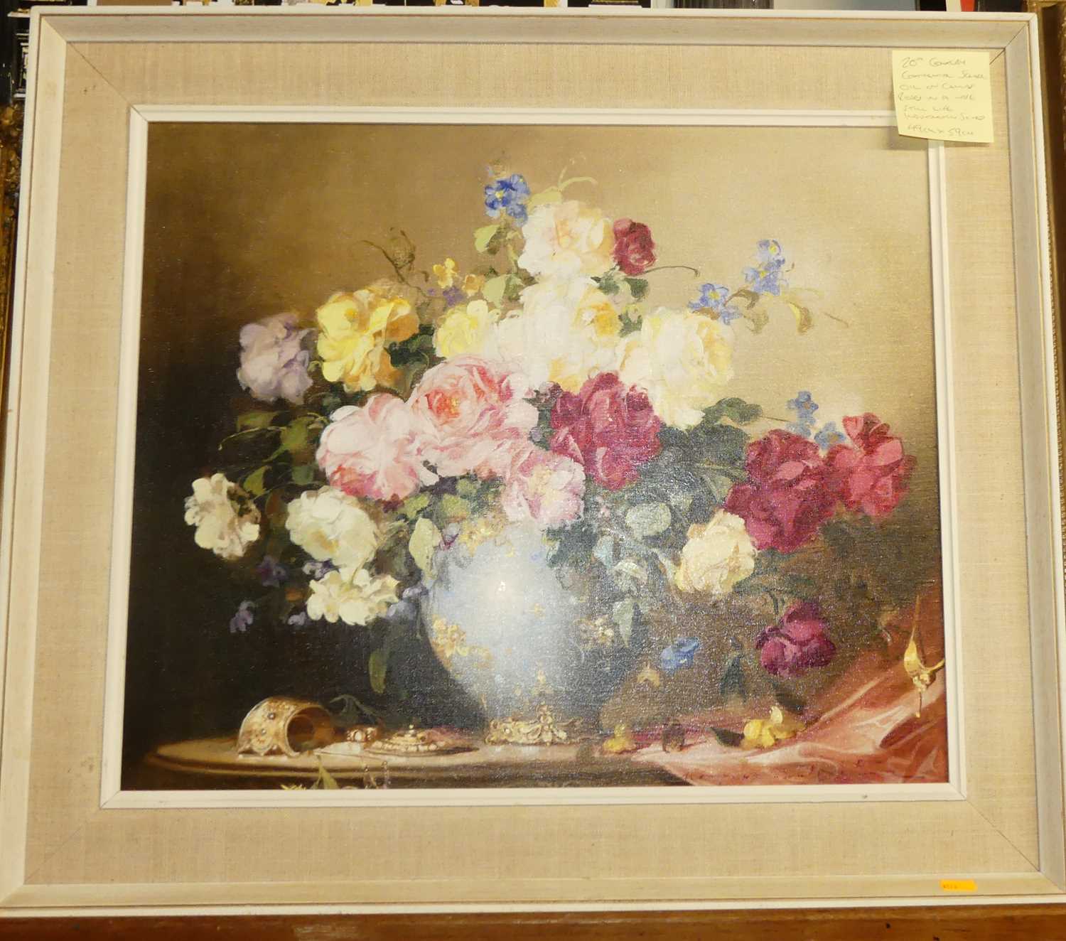 20th century continental school - Still life with cabbage roses in a vase, oil on canvas,