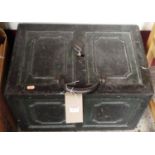An early 20th century cast iron strong-box, having lockable hinged cover, twin end carry handles,
