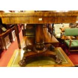A William IV mahogany round cornered fold-over baize lined card table, having swivel action and