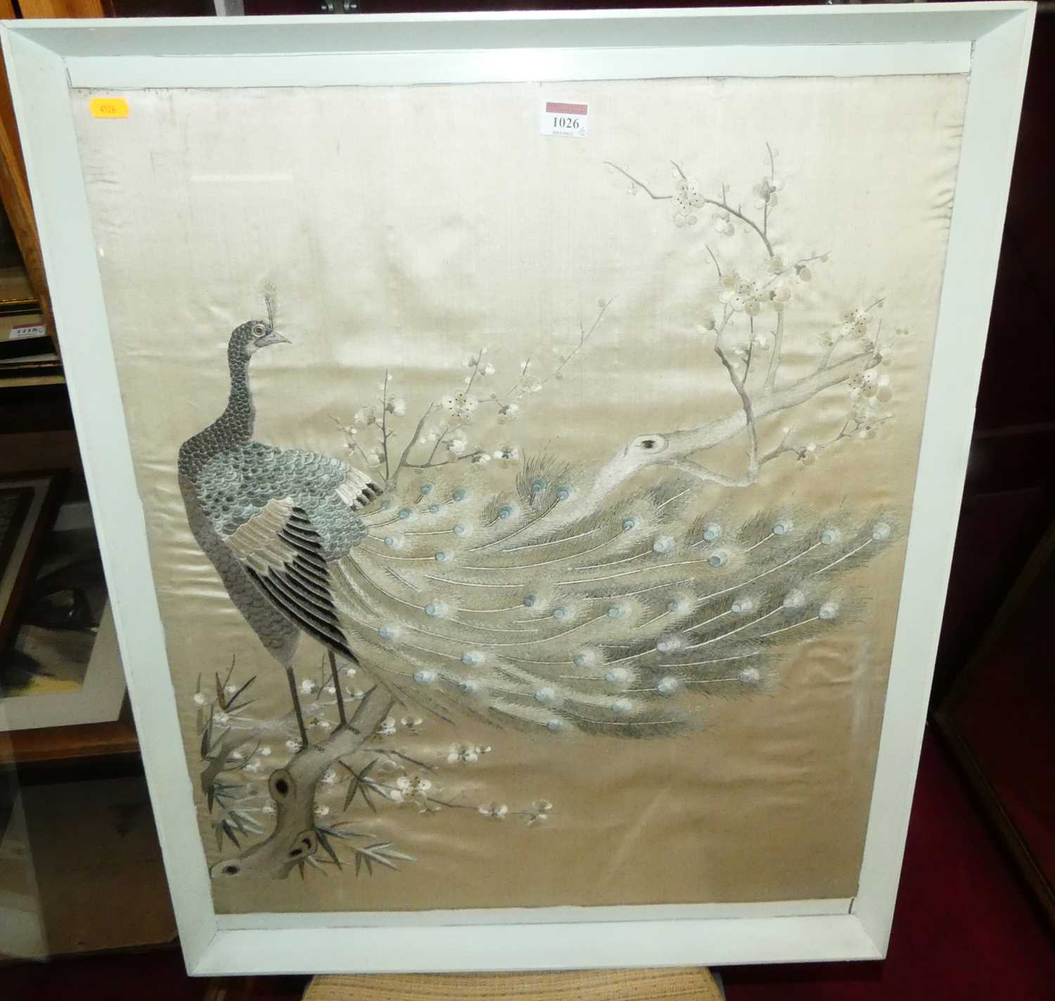 Mid 20th century Japanese silkwork being peacock study, 70x59cm, framed, together with one other - Bild 2 aus 5