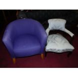 A contemporary purple upholstered tub chair, together with an Edwardian walnut tub chair (2)