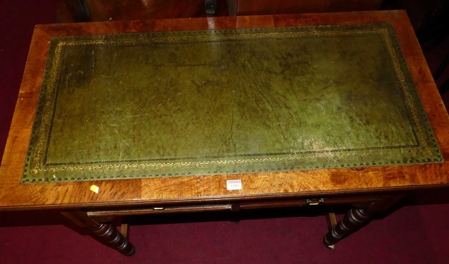 A Victorian Aesthetic Movement oak and burr oak two drawer writing table, having a gilt tooled green - Image 2 of 5