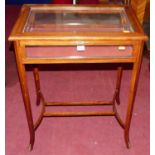 A mahogany glazed and hinge topped bijouterie table, width 59.5cm