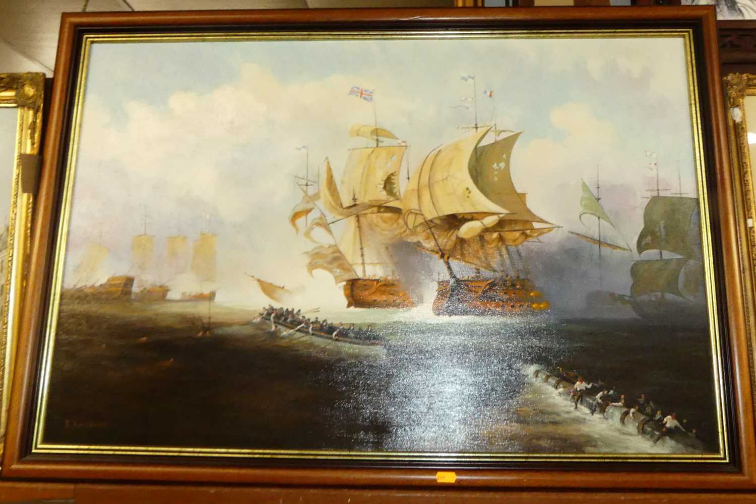 Champion - Man o' War ships heading out to sea, oil on canvas, signed lower left, 60 x 90cm