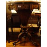 A mid-Victorian figured walnut and floral satinwood inlaid octagonal hinge-top sewing table, w.