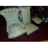 A Victorian mahogany framed and green silk damask buttoned upholstered nursing chair, together