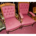 A pair of late Victorian mahogany framed ladies and gents parlour chairs, each red floral fabric