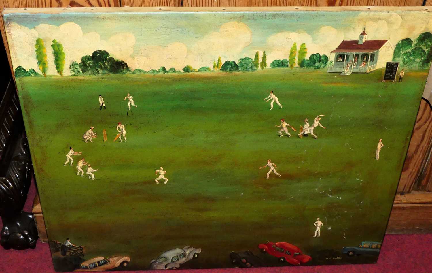 RE Hands - The Cricket Match, oil on canvas, signed lower right, 50x60cm