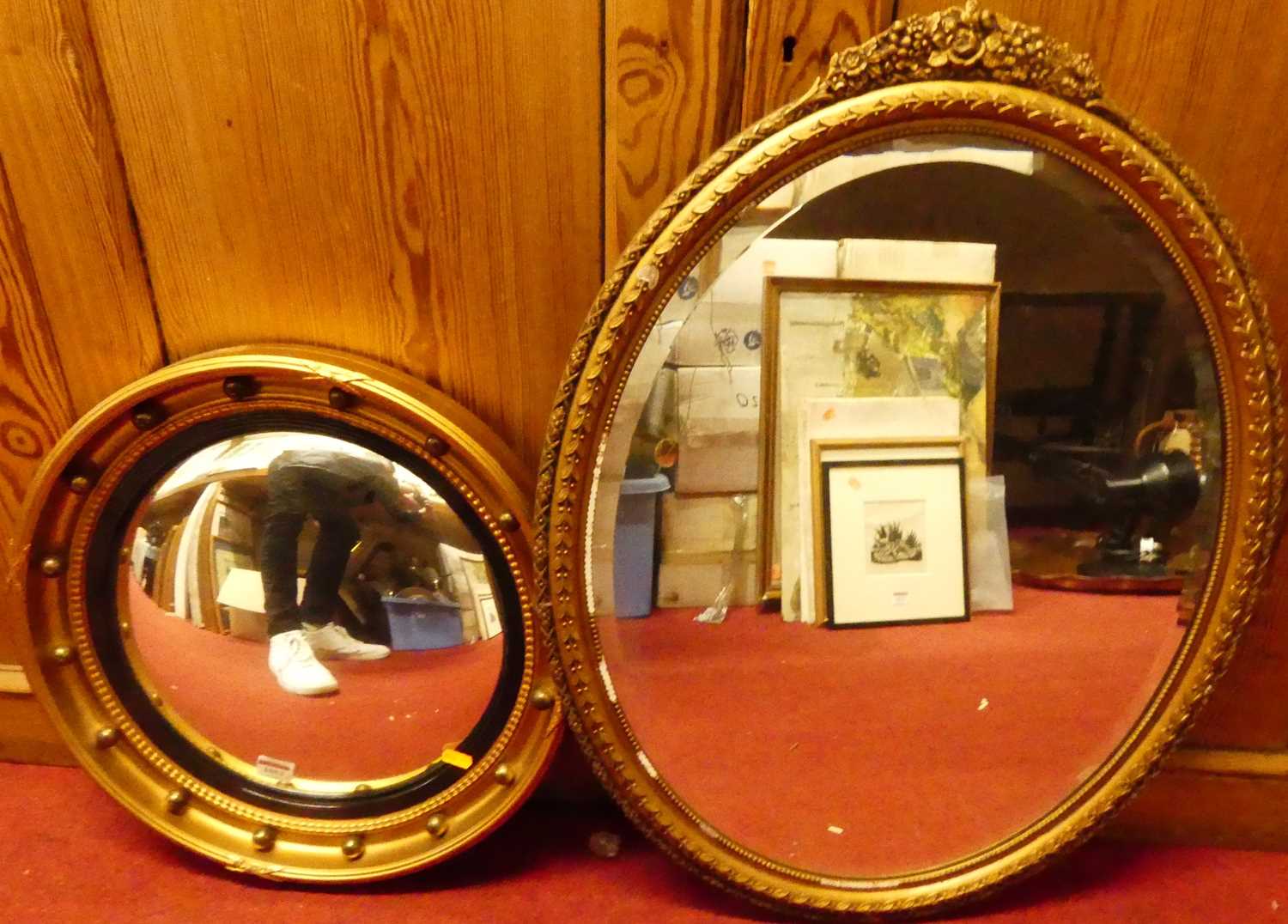 Reproduction gilt framed convex wall mirror, dia. 46.5cm together with gilt composition framed and