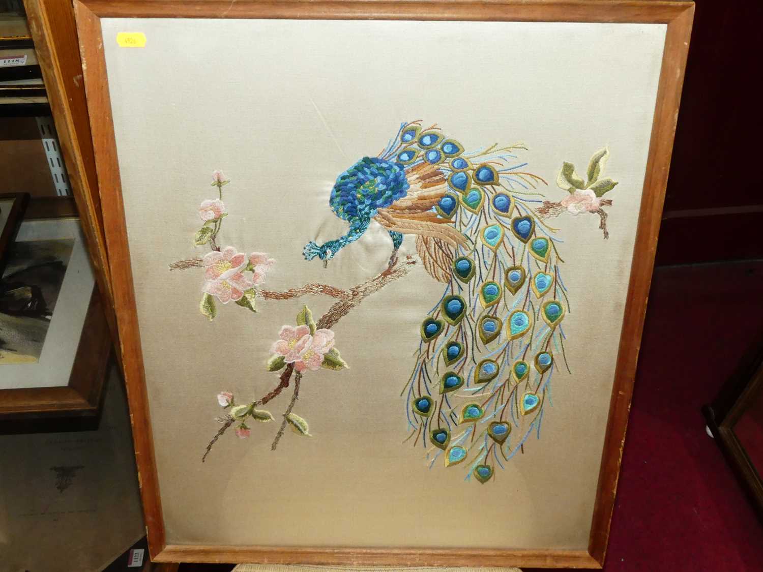 Mid 20th century Japanese silkwork being peacock study, 70x59cm, framed, together with one other - Bild 4 aus 5