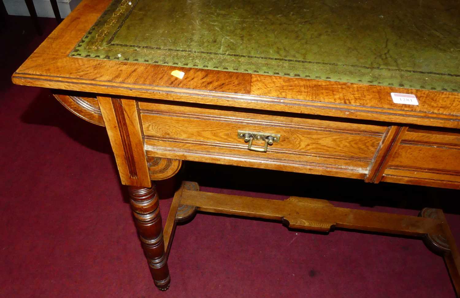 A Victorian Aesthetic Movement oak and burr oak two drawer writing table, having a gilt tooled green - Image 3 of 5