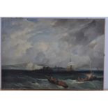 19th century school - Boats in choppy seas off the coastline, oil on canvas, 53 x 77cm (unframed)